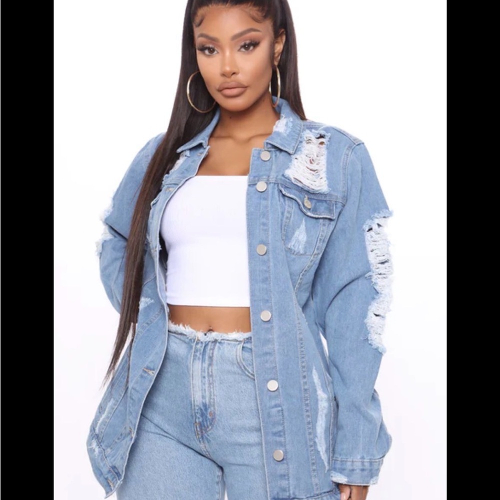 Oversized Stylish Light Blue Distressed Denim Jacket Fashion nova